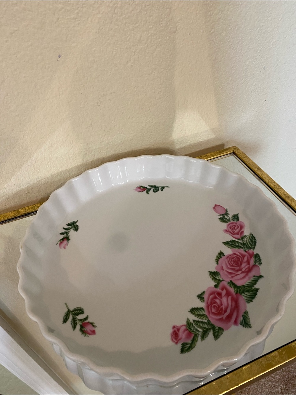 White Porcelain Serving Platter with Pink Rose Motif
